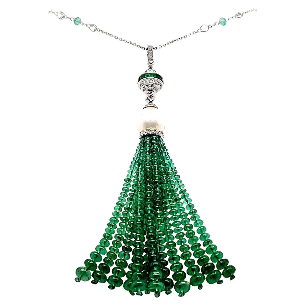 Emerald Cts 62.84 and Pearl Cts 1.94 Tassel Necklace set in 18k White Gold For Sale