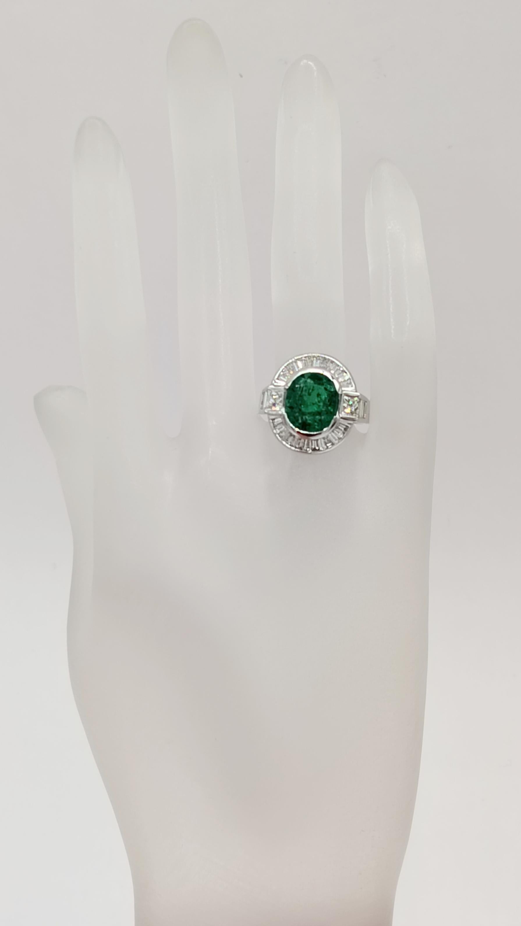 Cushion Cut Emerald Cushion and White Diamond Baguette and Square Ring in 18K White Gold For Sale
