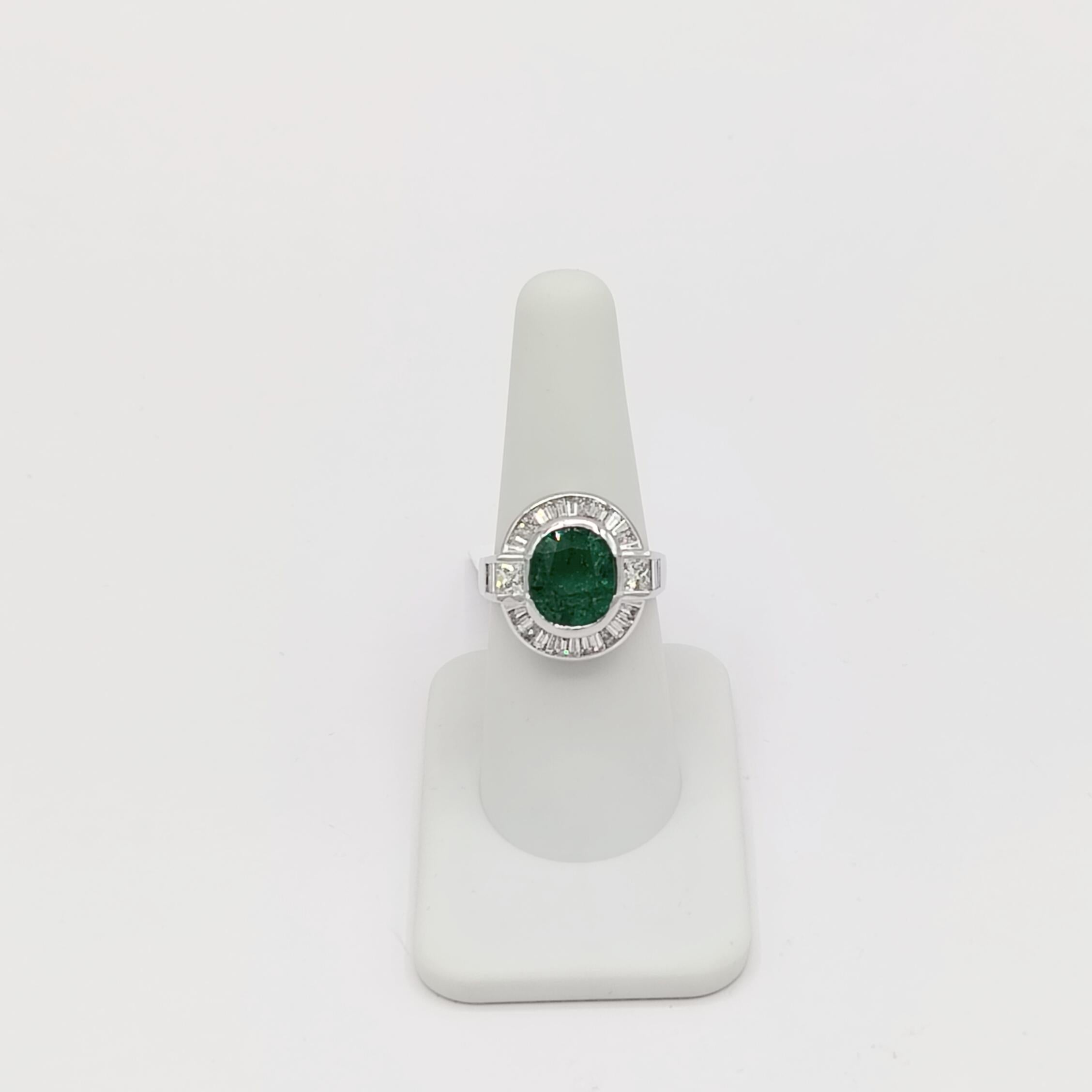 Women's or Men's Emerald Cushion and White Diamond Baguette and Square Ring in 18K White Gold For Sale