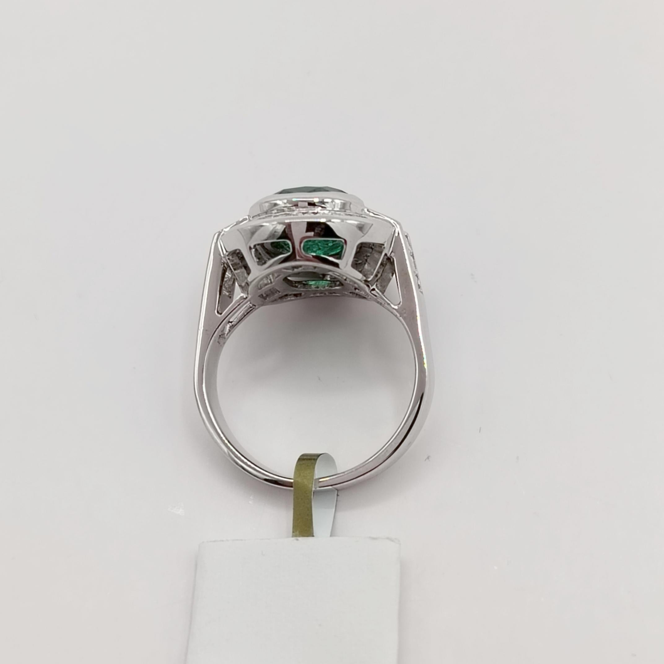 Emerald Cushion and White Diamond Baguette and Square Ring in 18K White Gold For Sale 1