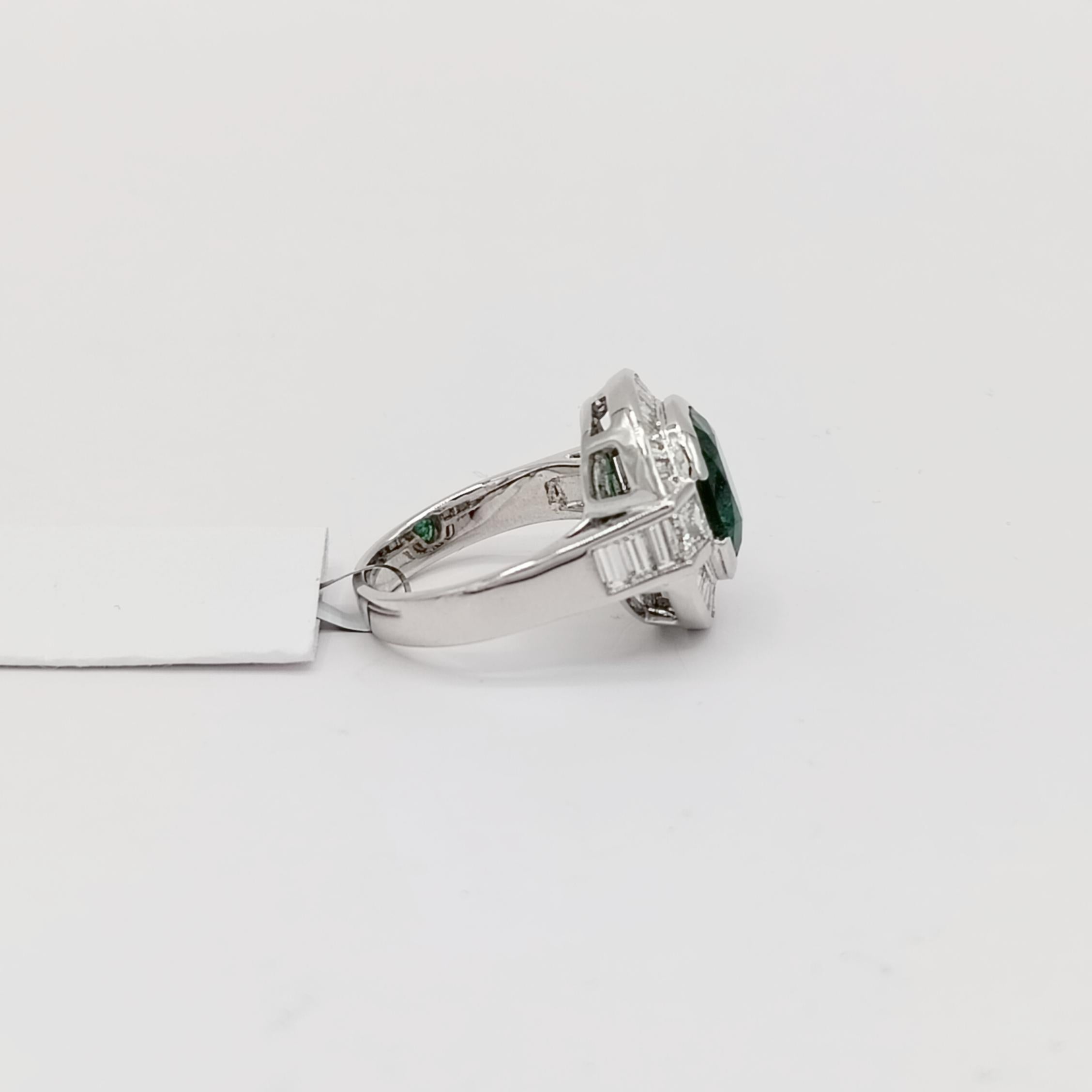 Emerald Cushion and White Diamond Baguette and Square Ring in 18K White Gold For Sale 2