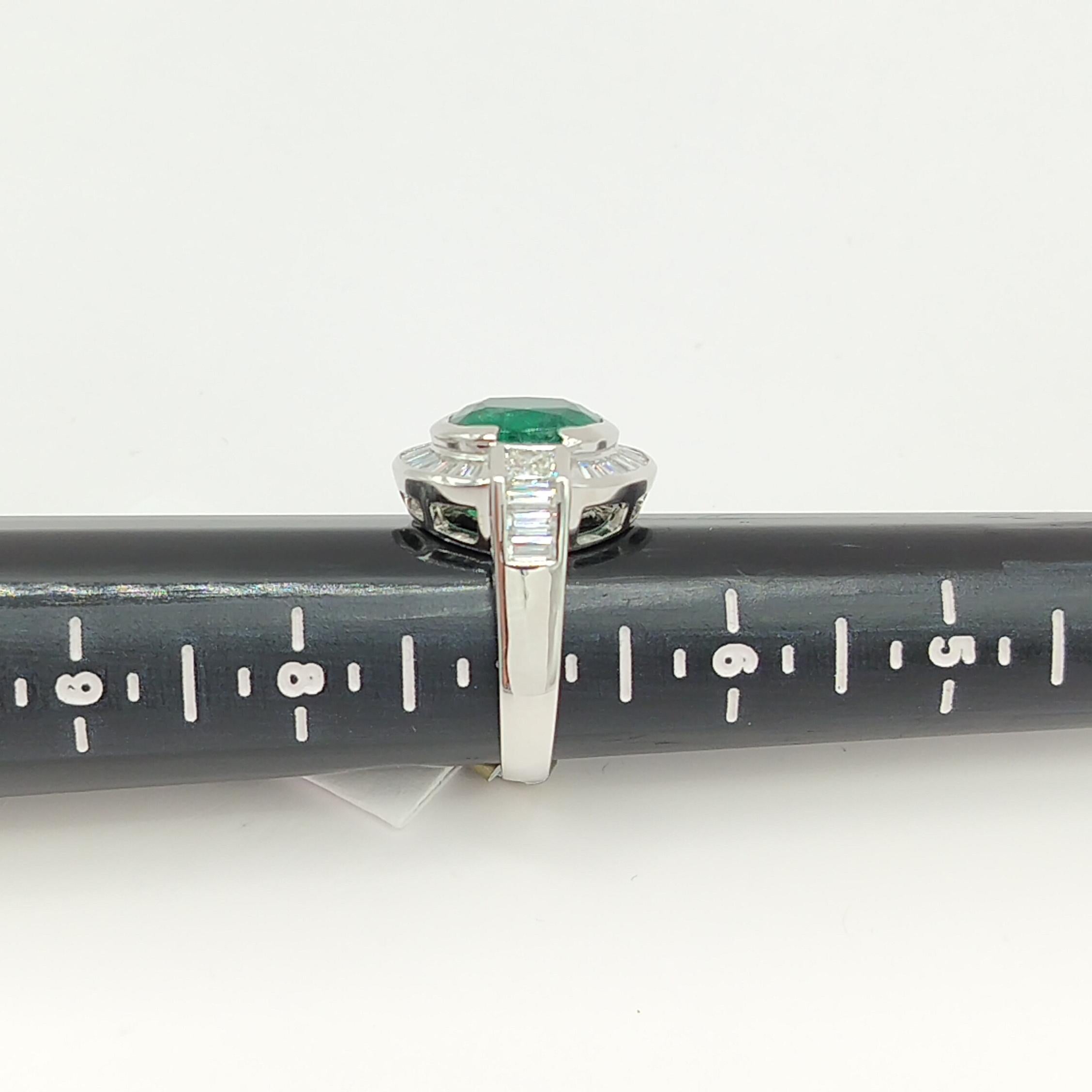 Emerald Cushion and White Diamond Baguette and Square Ring in 18K White Gold For Sale 3