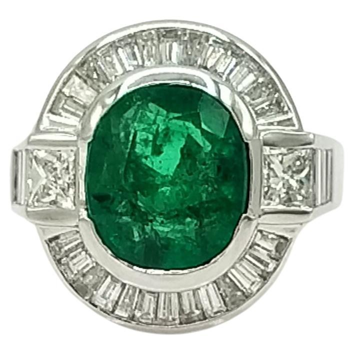 Emerald Cushion and White Diamond Baguette and Square Ring in 18K White Gold For Sale