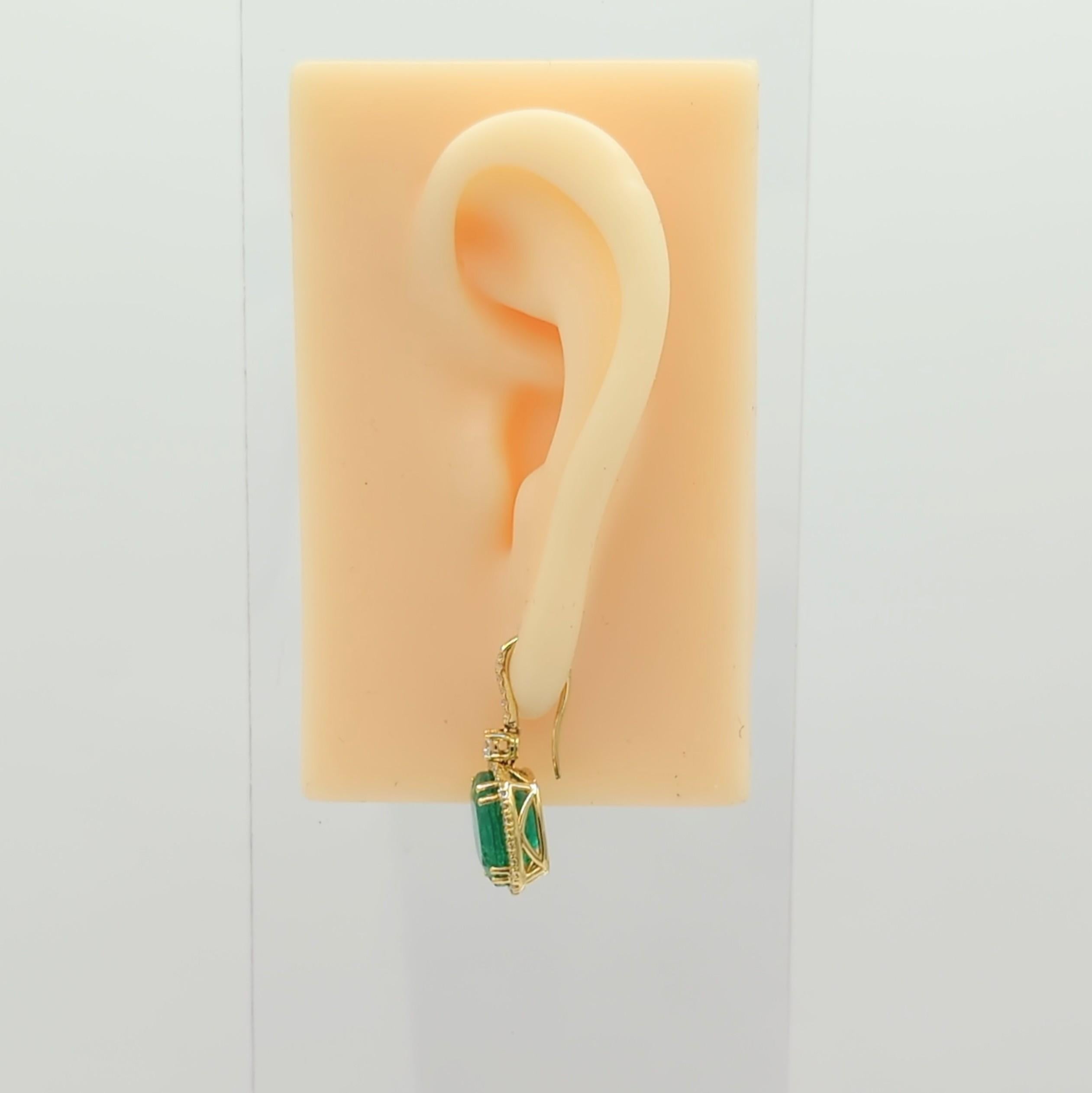 Cushion Cut Emerald Cushion and White Diamond Dangle Earrings in 18K Yellow  Gold For Sale