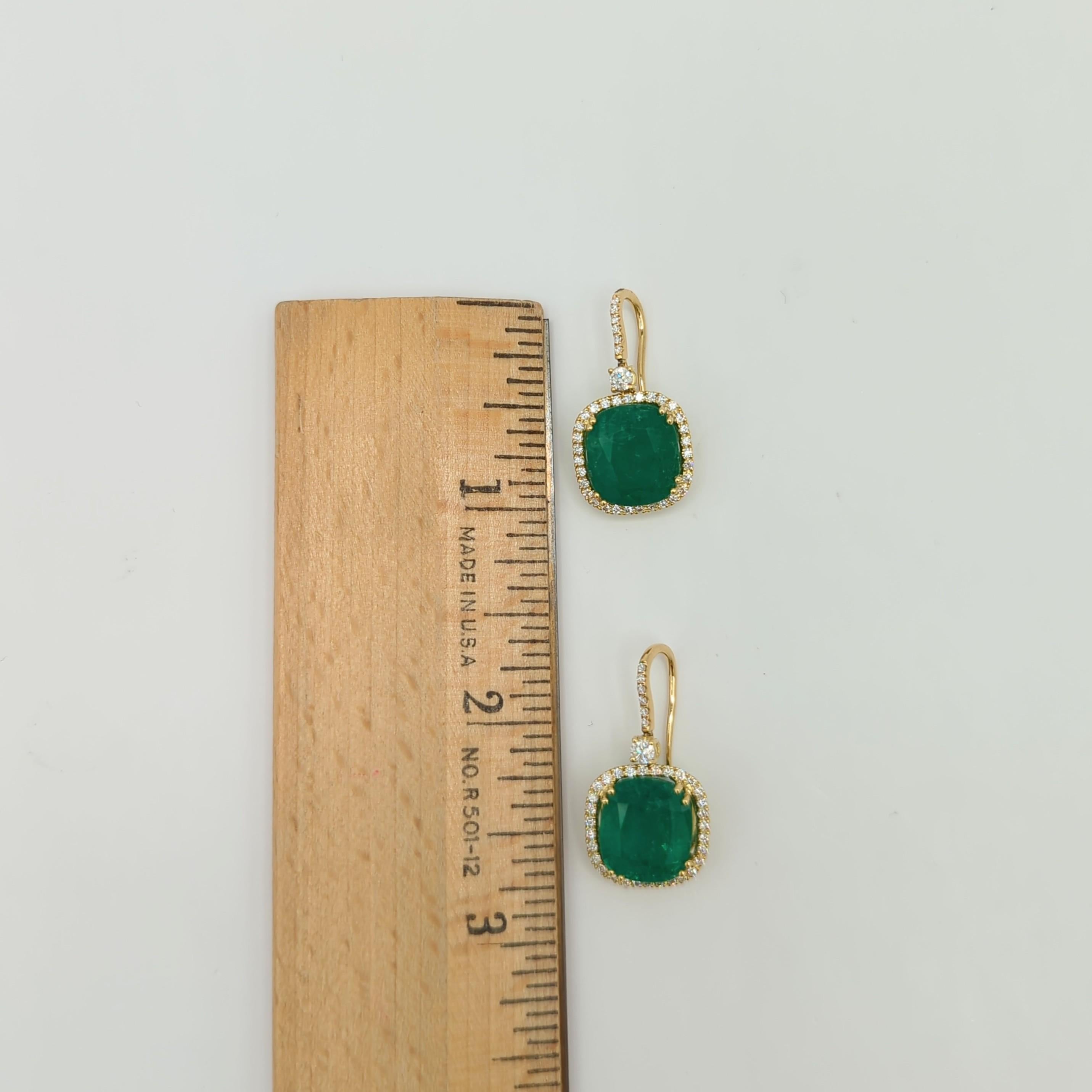 Emerald Cushion and White Diamond Dangle Earrings in 18K Yellow  Gold For Sale 2