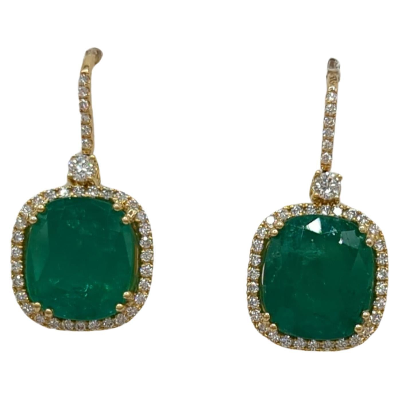 Emerald Cushion and White Diamond Dangle Earrings in 18K Yellow  Gold For Sale