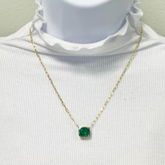 Emerald Cushion Paper Clip Chain Pendant Necklace in 14K Yellow Gold