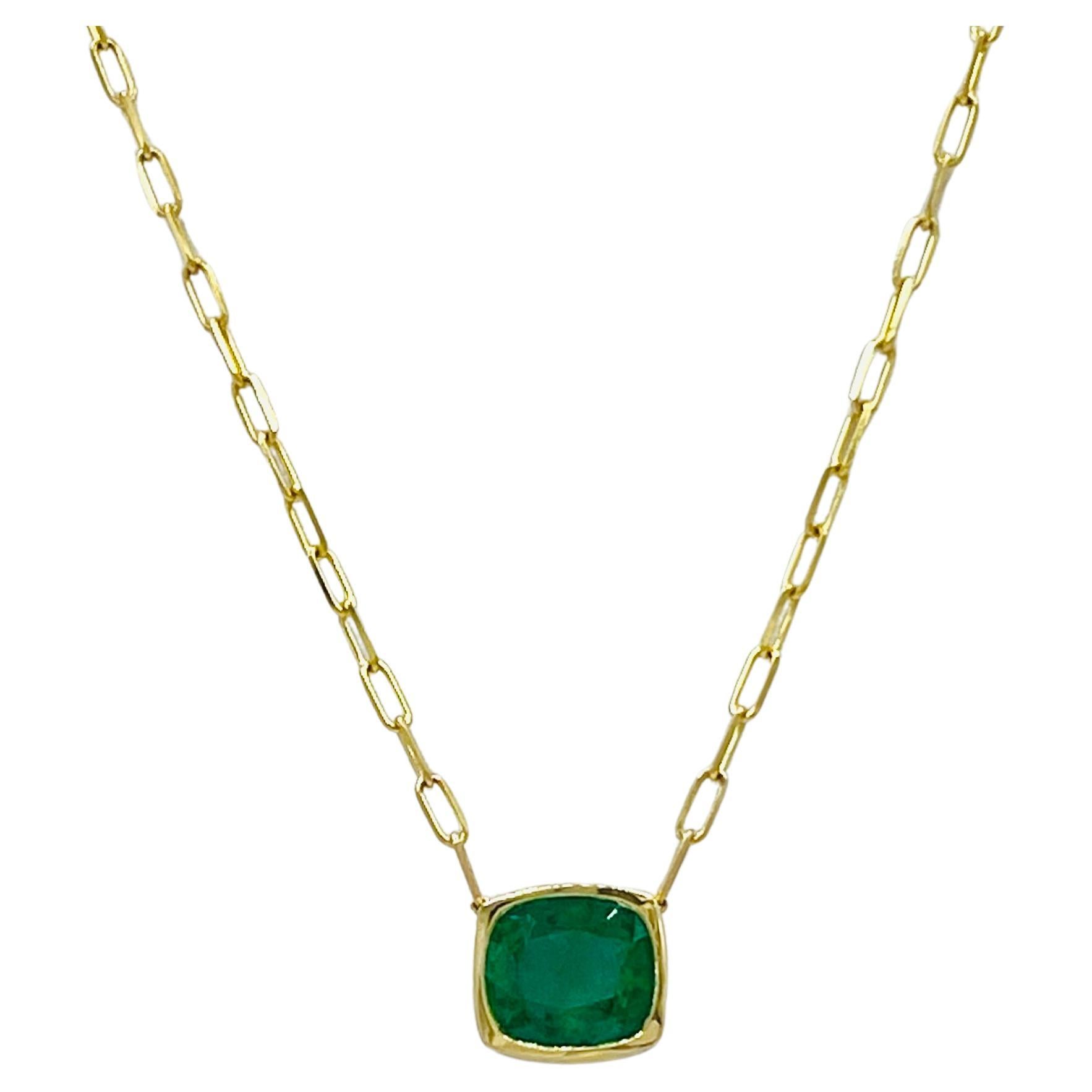 Emerald Cushion Paper Clip Chain Pendant Necklace in 14K Yellow Gold