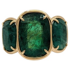 Emerald Cushion Three Stone Ring in 18K Yellow Gold