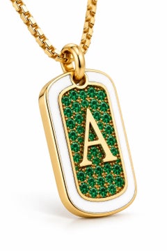 Emerald Custom Initial Dog Tag Pendant White Enamel 14K Gold Meghna Jewels