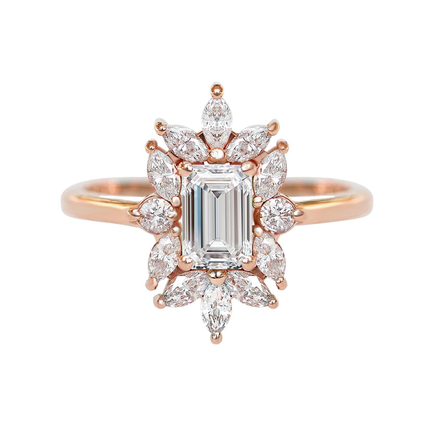 Verlobungsring mit 0,70 Karat Diamanten im Smaragdschliff und eleganter Verzierung, Charlotte (Art déco) im Angebot