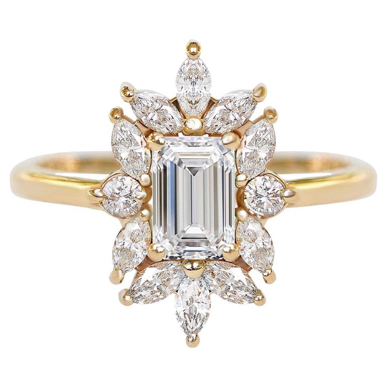Verlobungsring mit 0,70 Karat Diamanten im Smaragdschliff und eleganter Verzierung, Charlotte im Angebot