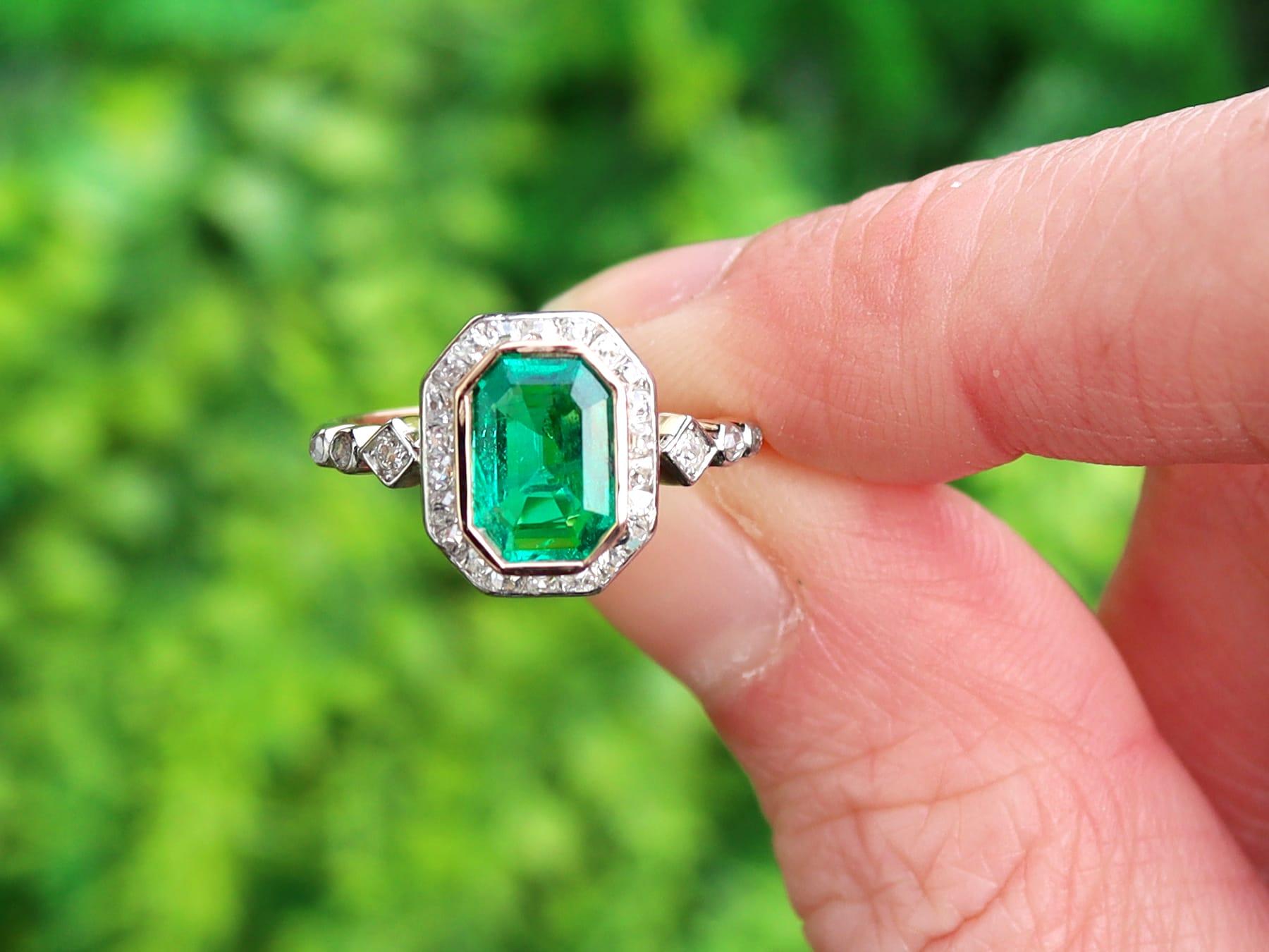 A stunning, fine and impressive emerald cut 1.07 carat Colombian emerald and 0.45 carat diamond, 14 karat yellow gold and platinum set ring; part of our antique emerald engagement rings collection.

This stunning, fine and impressive antique emerald