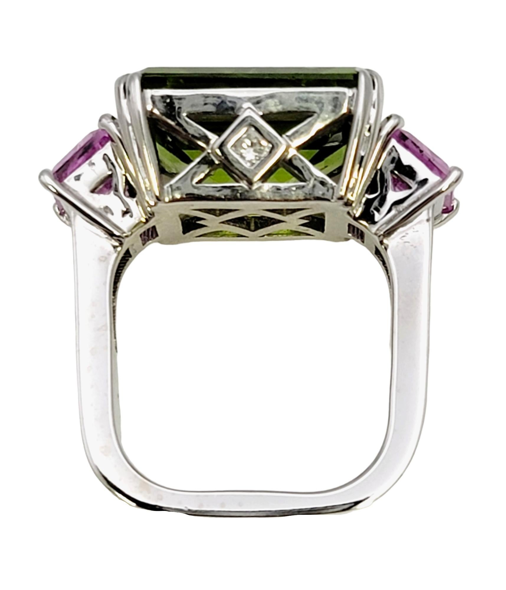 Emerald Cut 11.42 Carat Peridot, Pink Sapphire and Diamond Euro Shank Band Ring For Sale 6