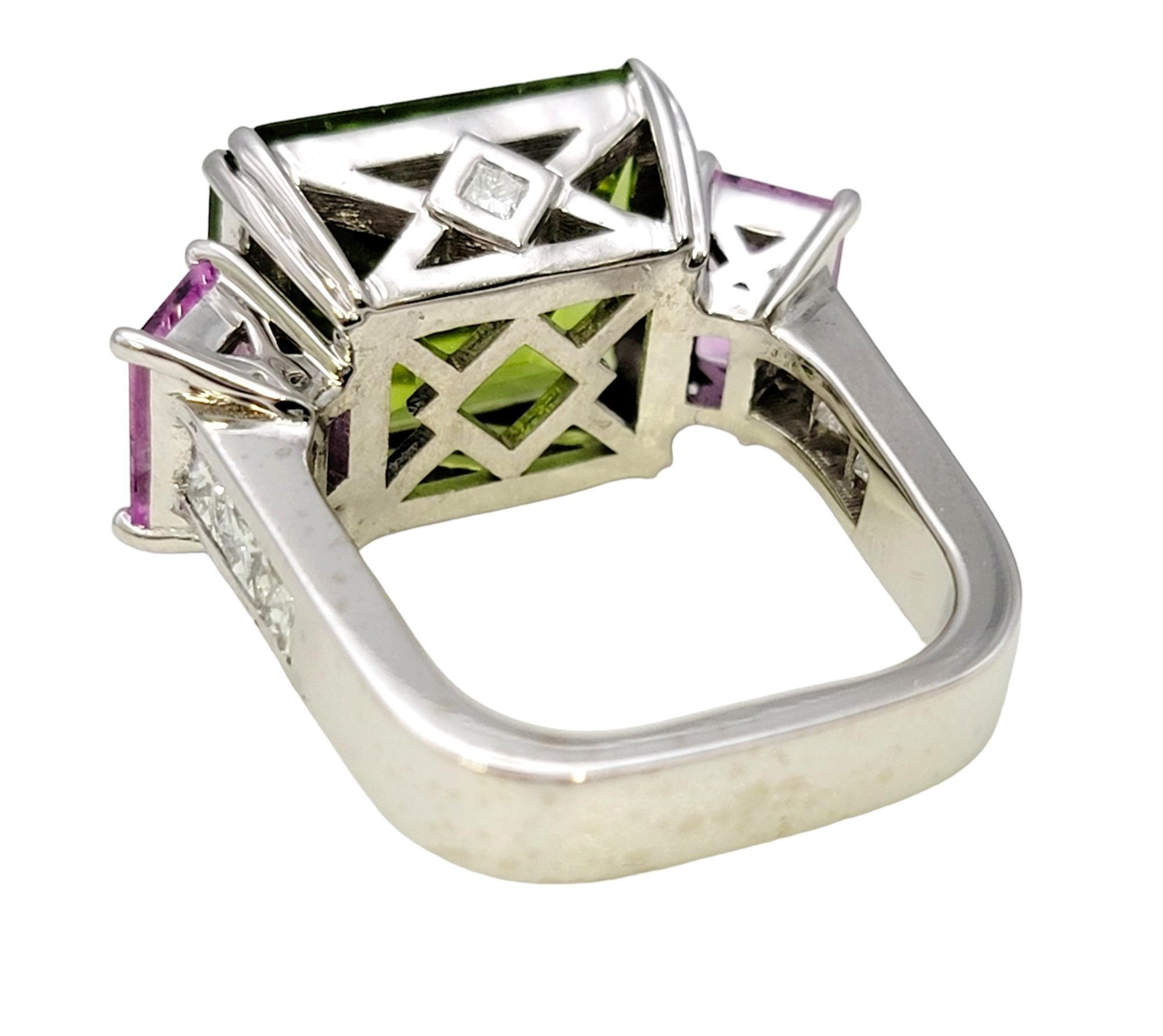 Emerald Cut 11.42 Carat Peridot, Pink Sapphire and Diamond Euro Shank Band Ring For Sale 7