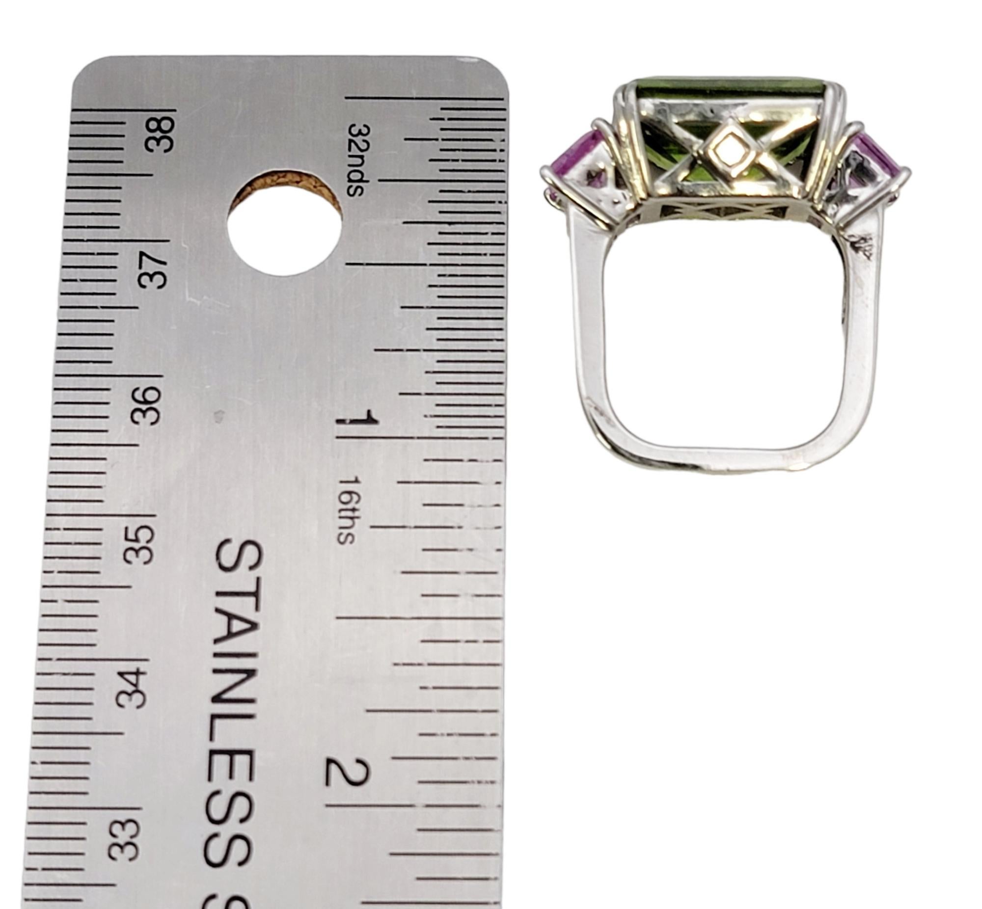 Emerald Cut 11.42 Carat Peridot, Pink Sapphire and Diamond Euro Shank Band Ring For Sale 12