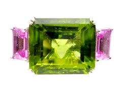 Emerald Cut 11.42 Carat Peridot, Pink Sapphire and Diamond Euro Shank Band Ring