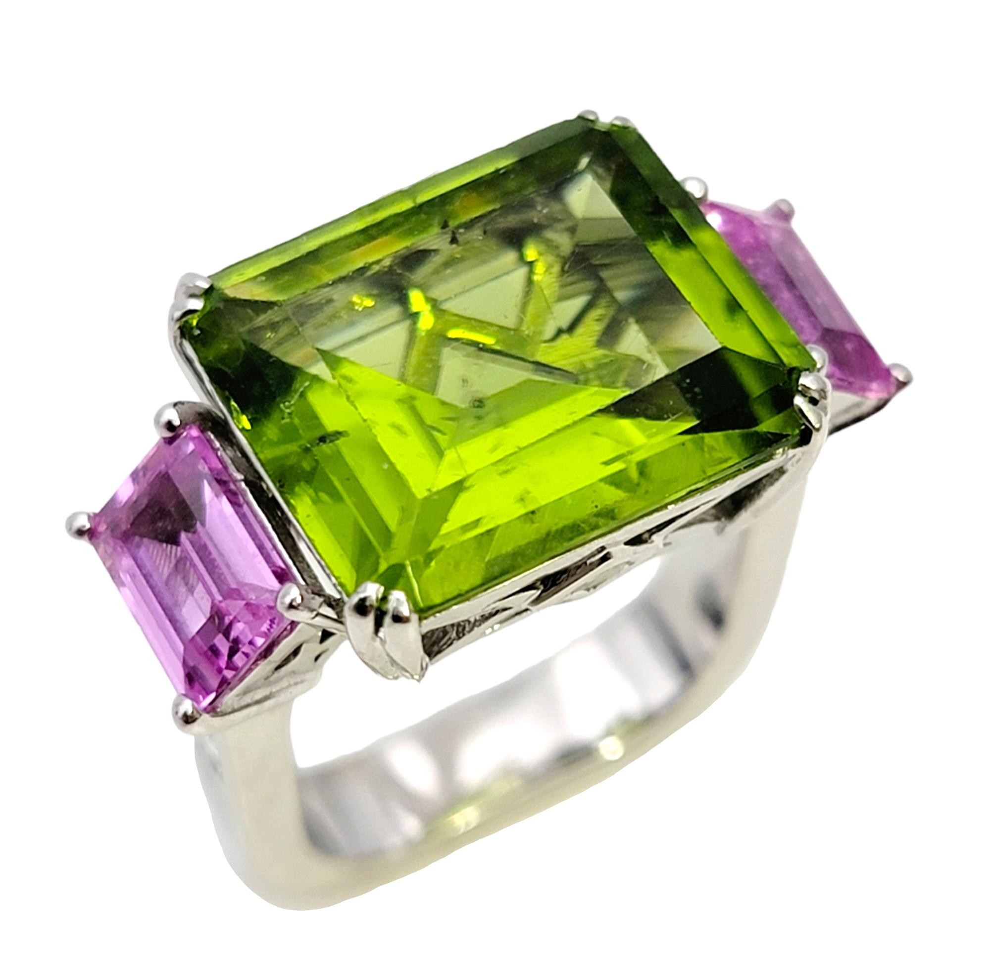 Emerald Cut 11.42 Carat Peridot, Pink Sapphire and Diamond Euro Shank Band Ring In Good Condition For Sale In Scottsdale, AZ