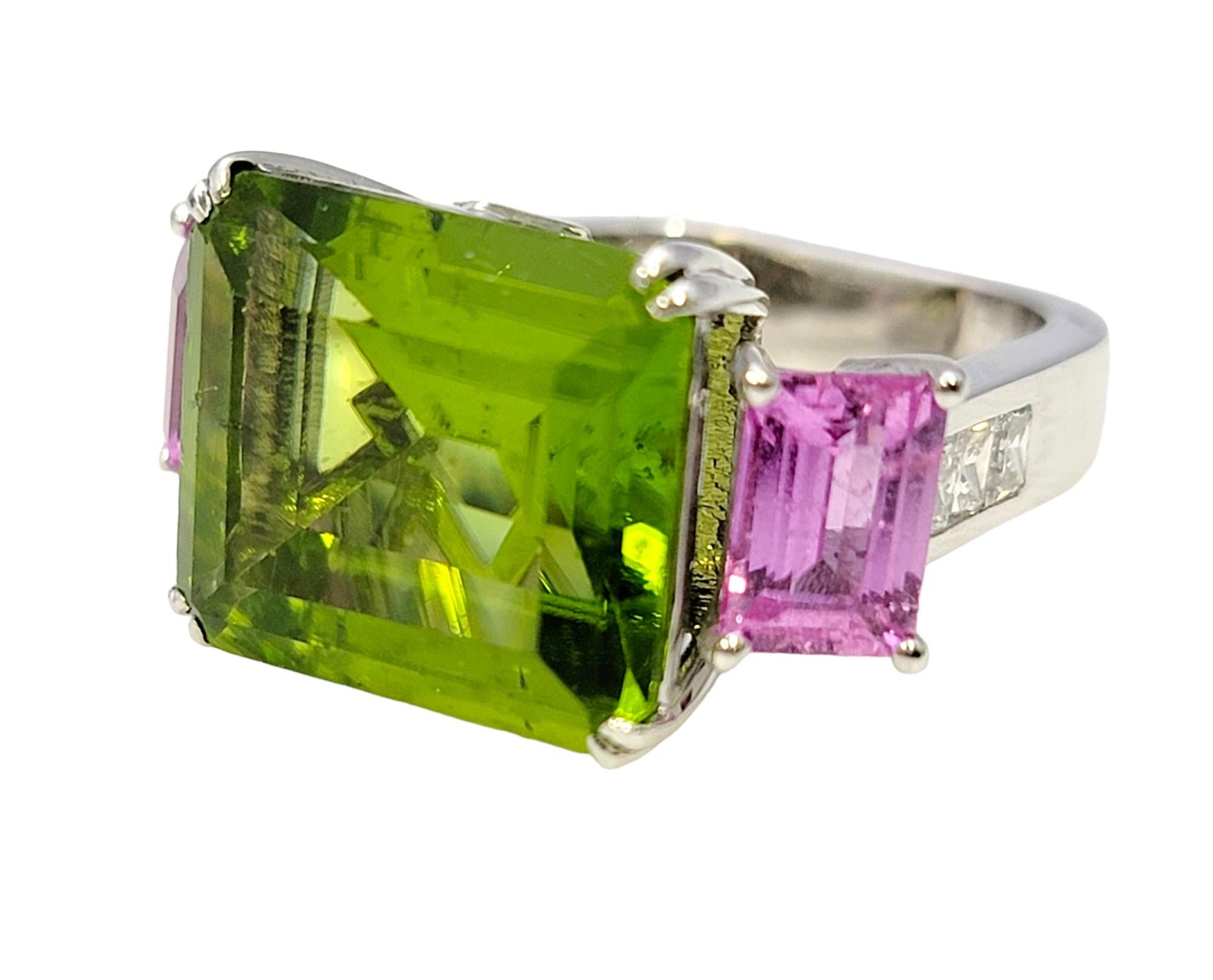 Emerald Cut 11.42 Carat Peridot, Pink Sapphire and Diamond Euro Shank Band Ring For Sale 1