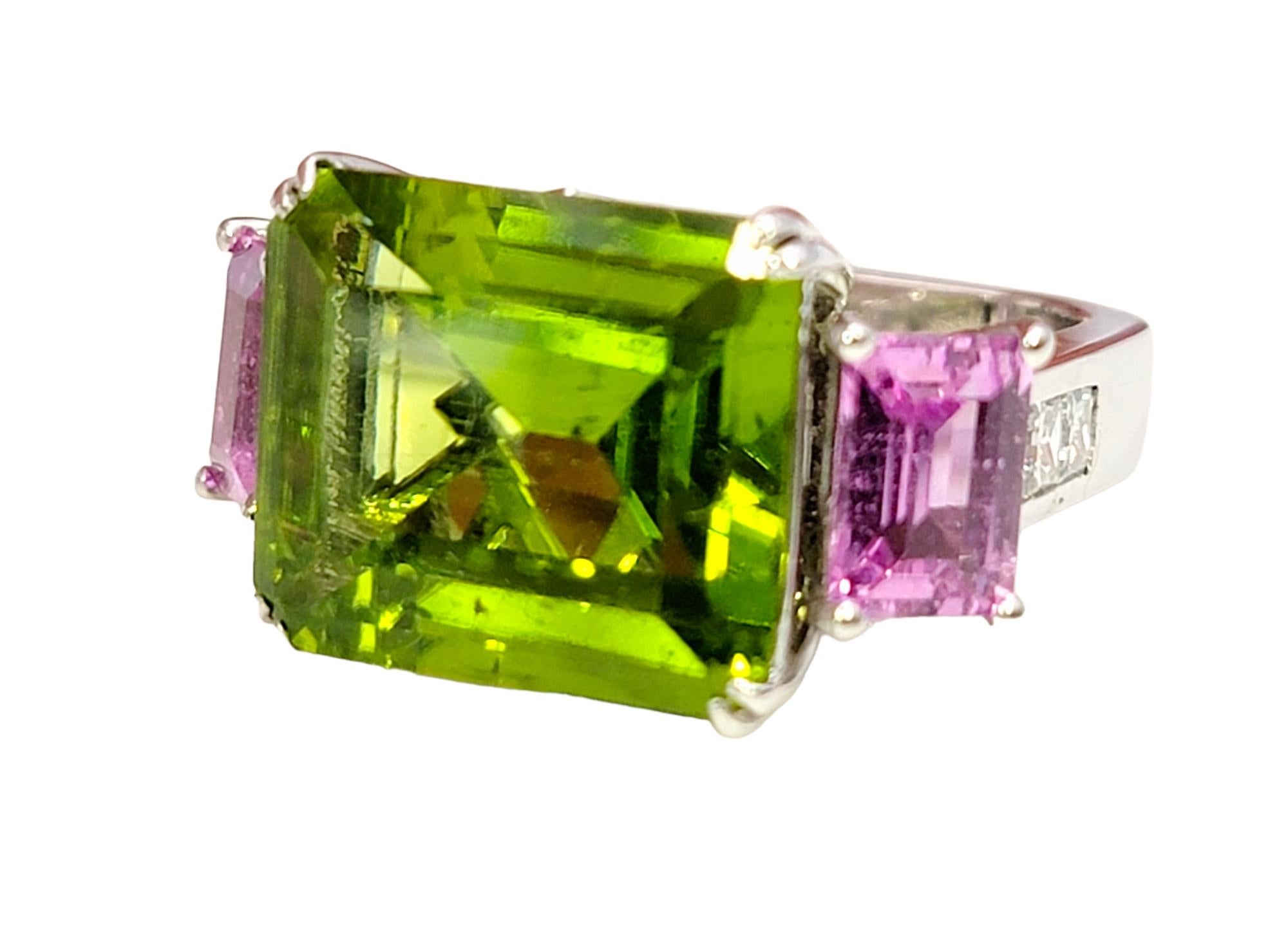 Emerald Cut 11.42 Carat Peridot, Pink Sapphire and Diamond Euro Shank Band Ring For Sale 2