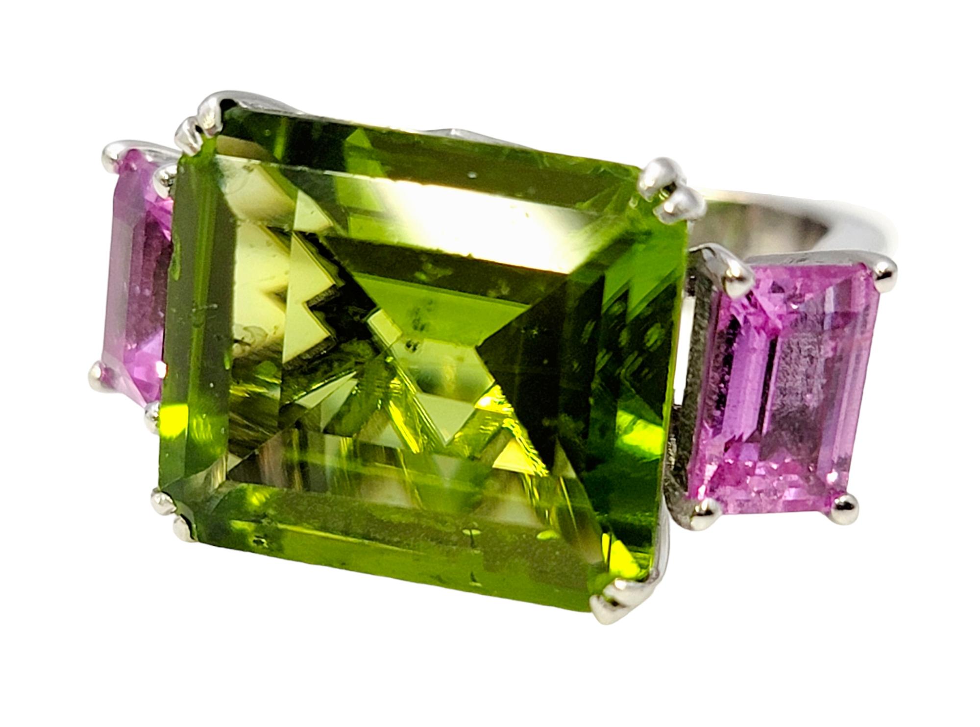 Emerald Cut 11.42 Carat Peridot, Pink Sapphire and Diamond Euro Shank Band Ring For Sale 3
