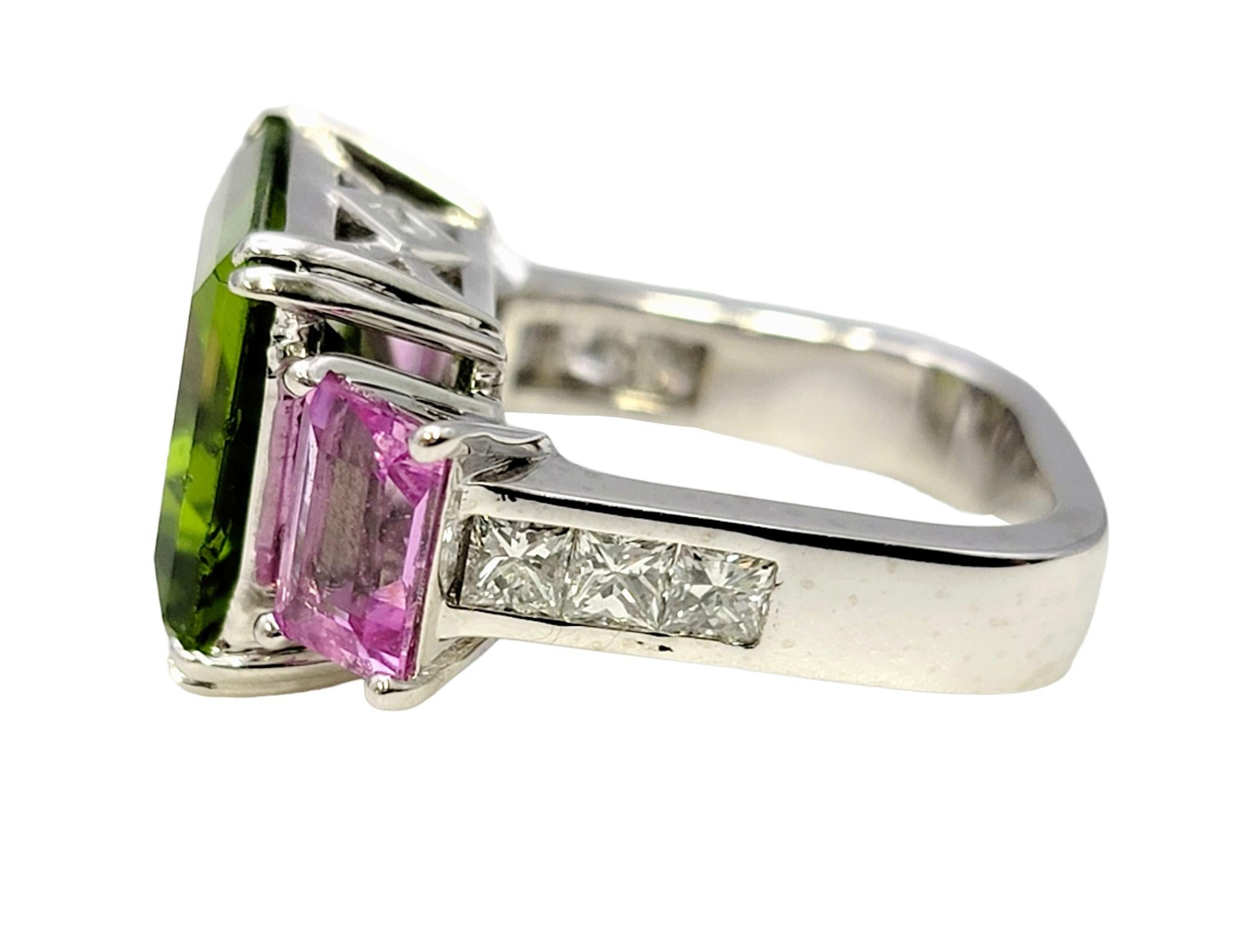 Emerald Cut 11.42 Carat Peridot, Pink Sapphire and Diamond Euro Shank Band Ring For Sale 4