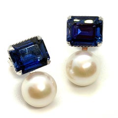 Emerald-cut 12ct Lab Blue Sapphire and Freshwater Pearl Earrings