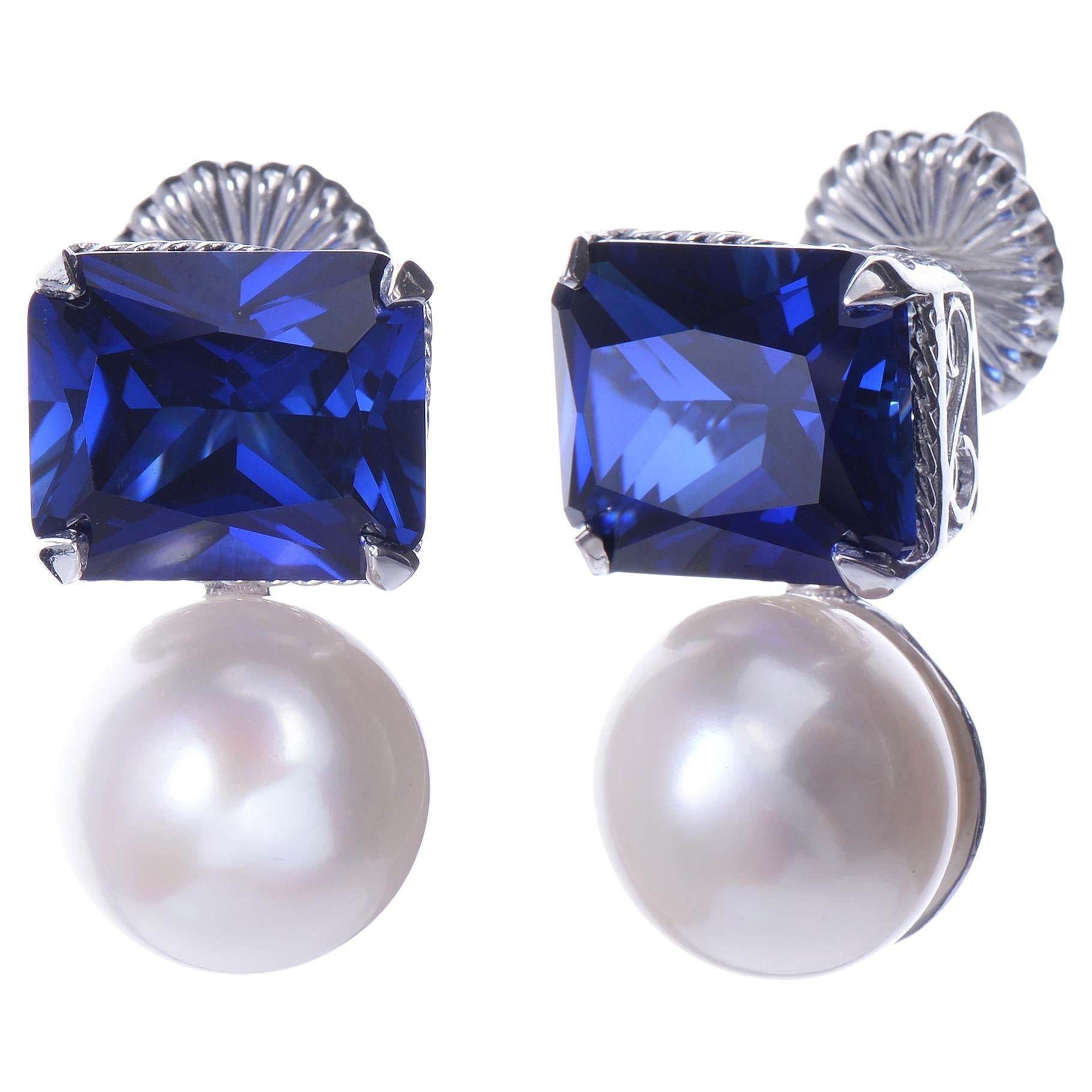 Emerald-cut 12ct Lab Blue Sapphire and Freshwater Pearl Earrings For Sale