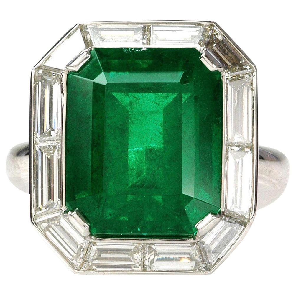 Emerald Cut 13.48 Carat Gübelin Cert Zambian Emerald Diamond Ring