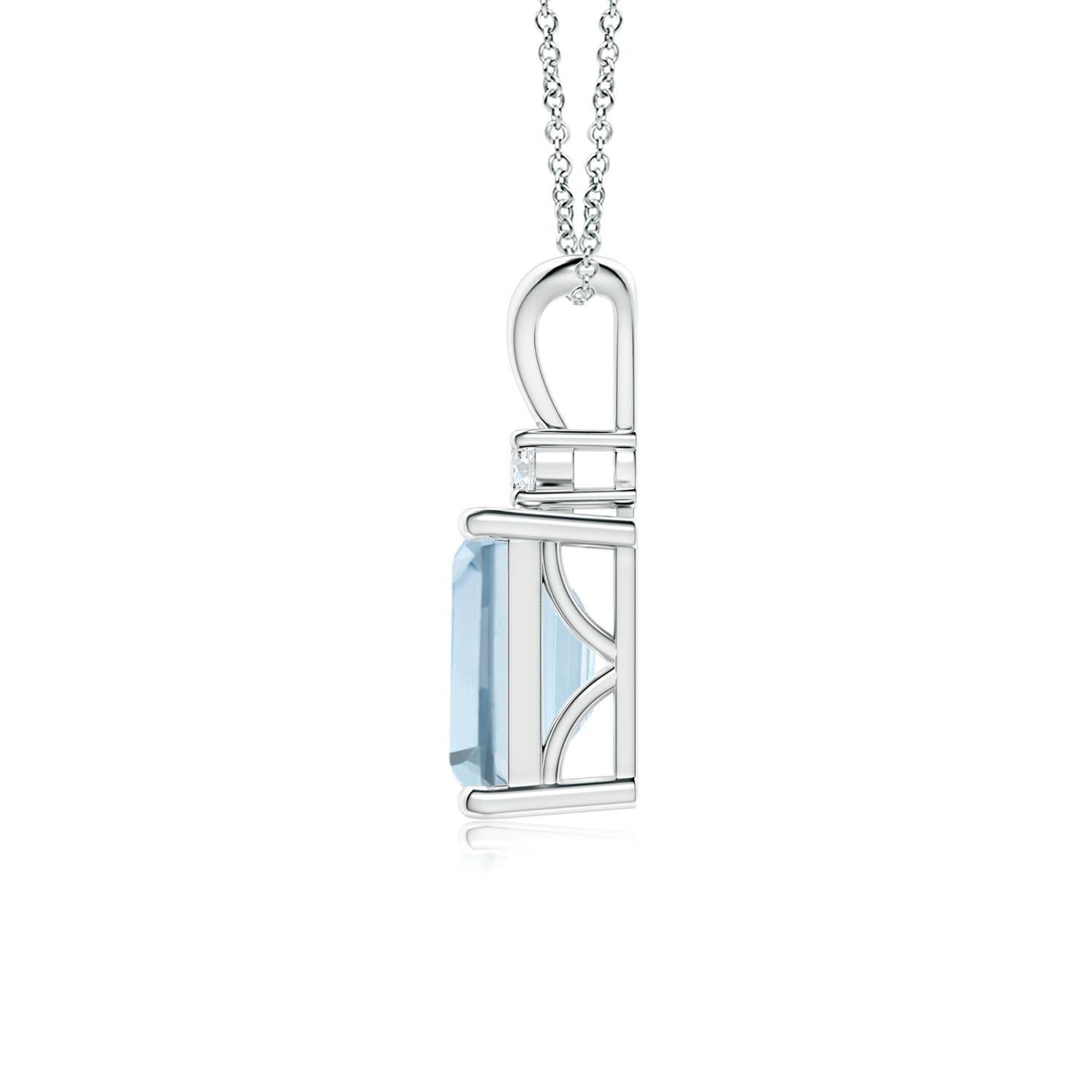A bold emerald-cut aquamarine framed in a prong setting evokes the beauty of the sky. The diamond accent shines brilliantly along with the azure blue gemstone. A V-bale pendant crafted in 14k white gold to make a sophisticated style statement.