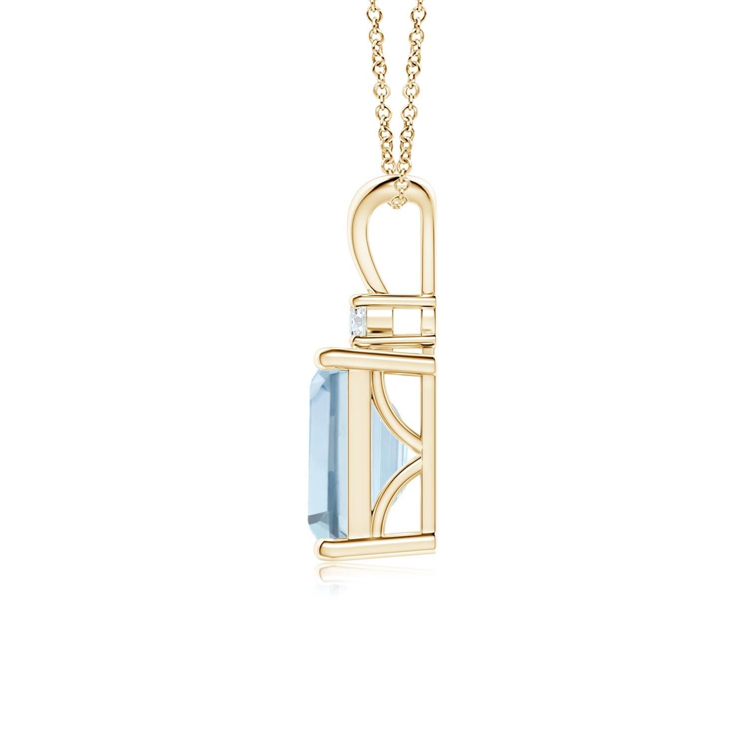 A bold emerald-cut aquamarine framed in a prong setting evokes the beauty of the sky. The diamond accent shines brilliantly along with the azure blue gemstone. A V-bale pendant crafted in 18k yellow gold to make a sophisticated style statement.