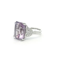Emerald Cut 14.28 TCW Amethyst and Diamond 18k White Gold Cocktail Ring