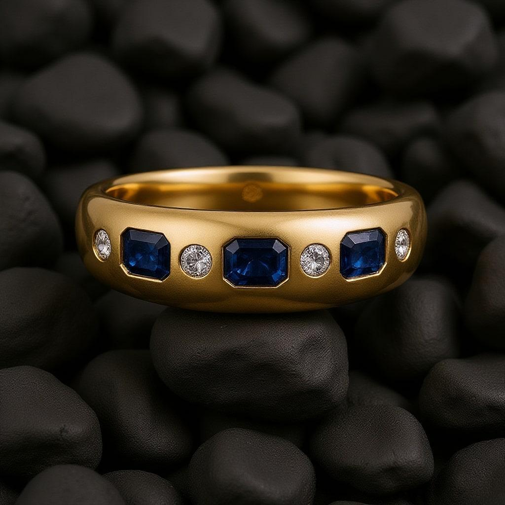 in vendita:  Anello a fascia con diamante e zaffiro blu in oro giallo 14 carati (18 carati su richiesta) con taglio smeraldo 3