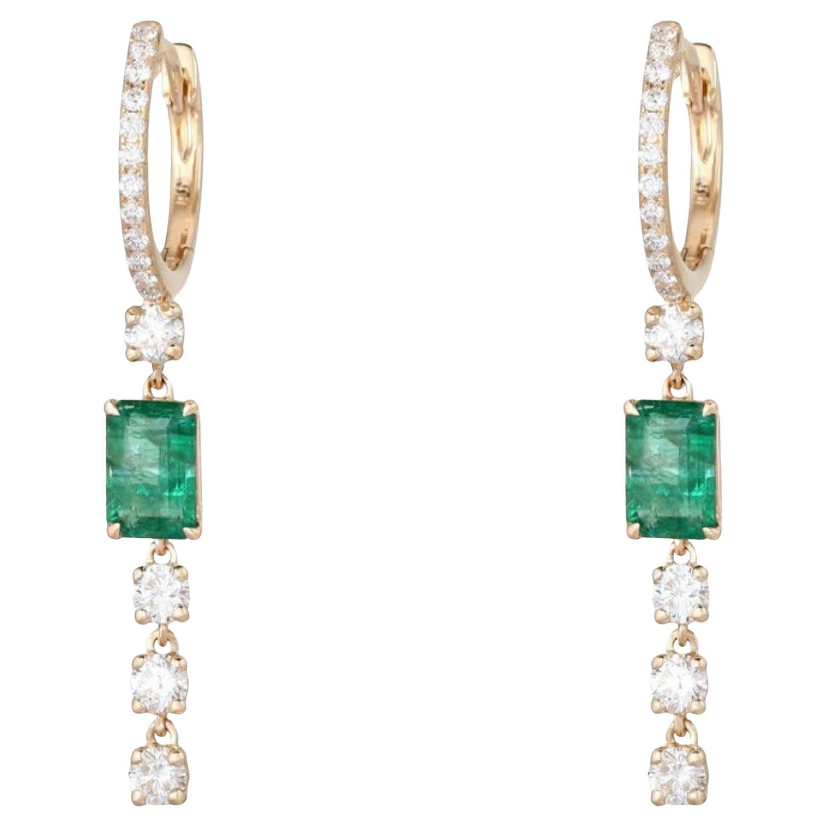 Emerald Cut 14K (or 18k upon request) Gold Diamond Drop Hoop Earrings For Sale