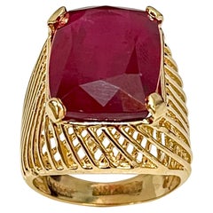 Emerald Cut 18.72 Carat Treated Ruby in 14 Karat Yellow Gold Ring, Unisex