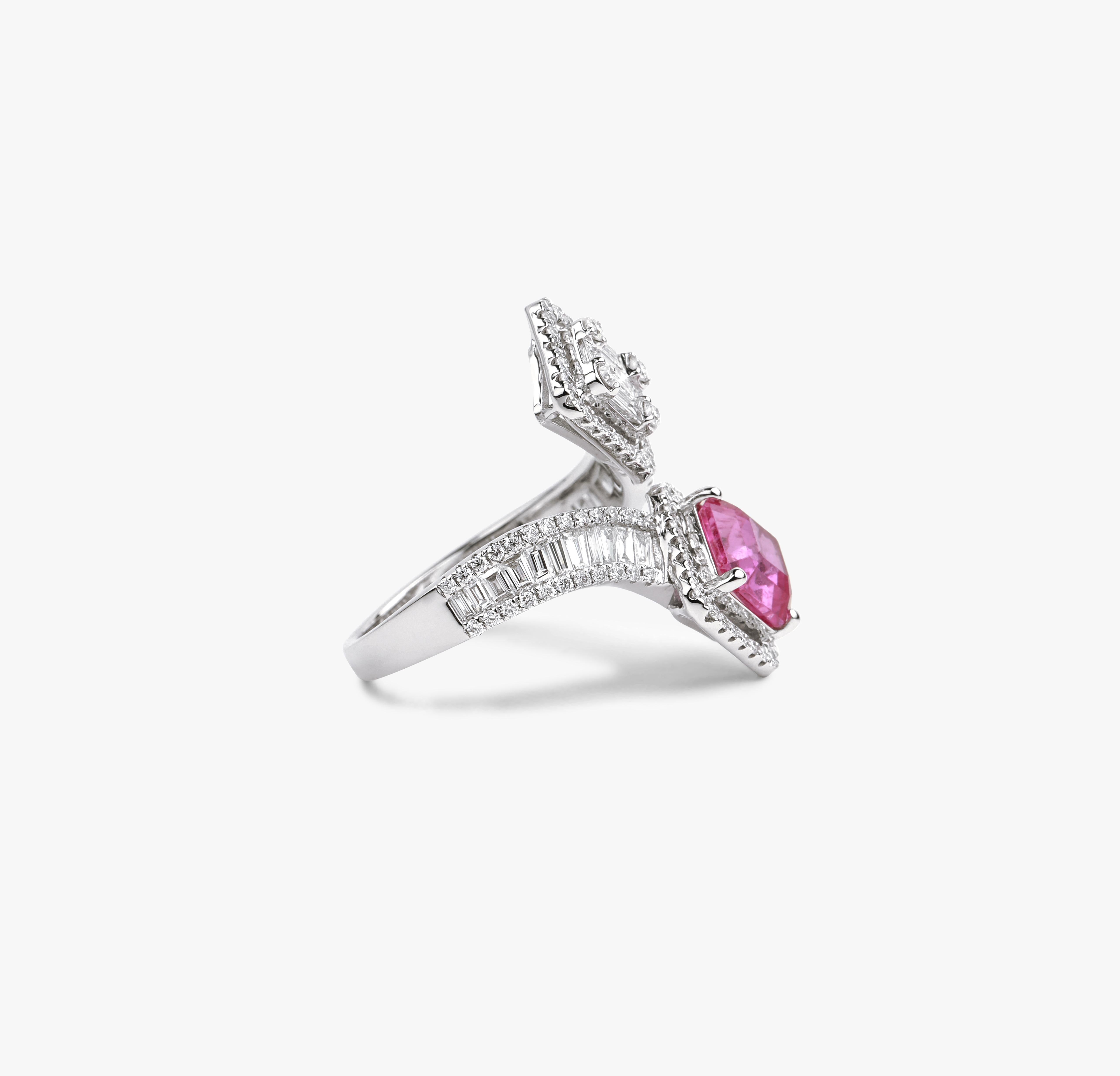 Art Deco Emerald Cut 2 Carat Pink Sapphire Diamond Baguette Cut Cocktail Engagement Ring For Sale