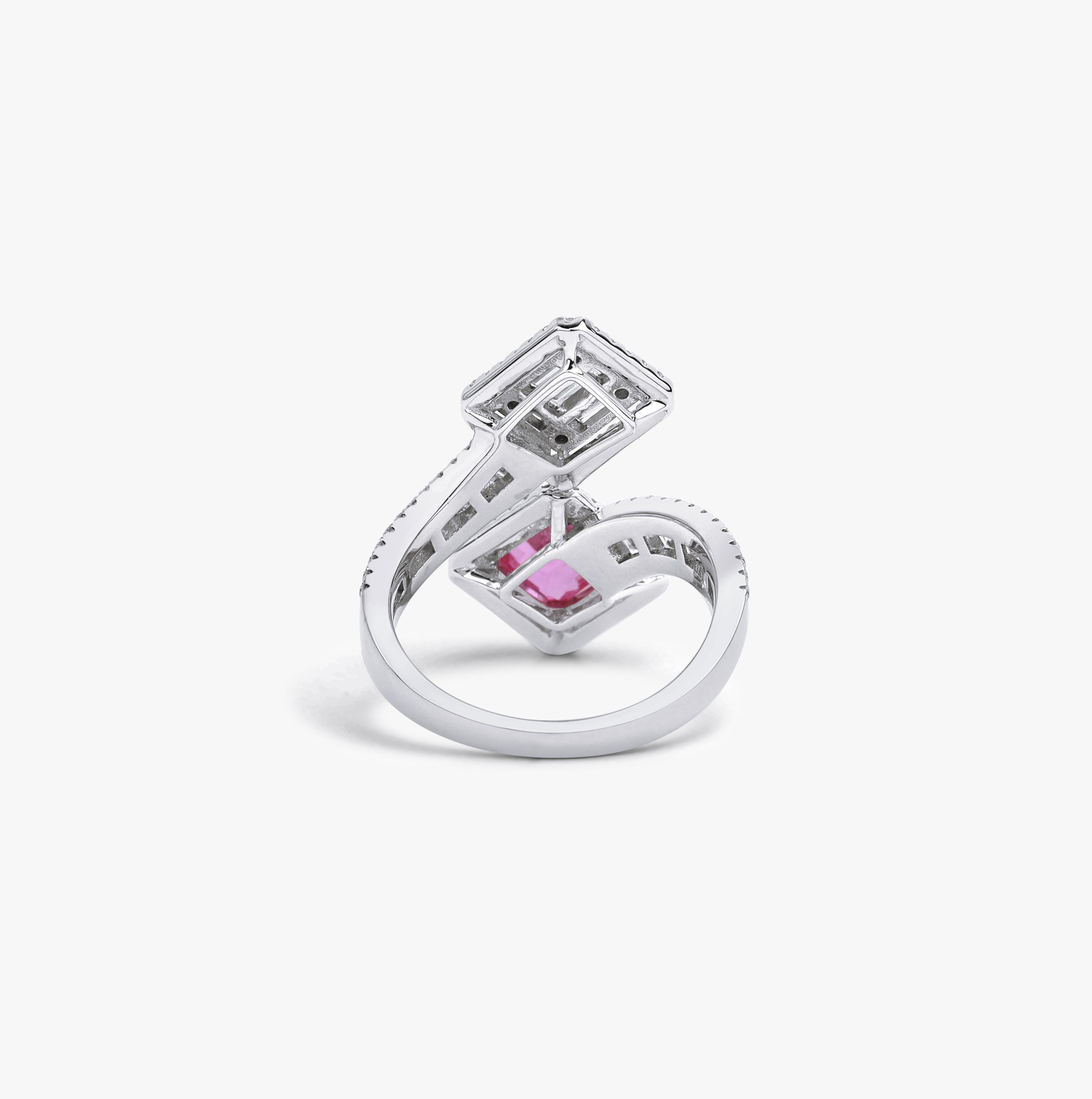 Women's Emerald Cut 2 Carat Pink Sapphire Diamond Baguette Cut Cocktail Engagement Ring For Sale
