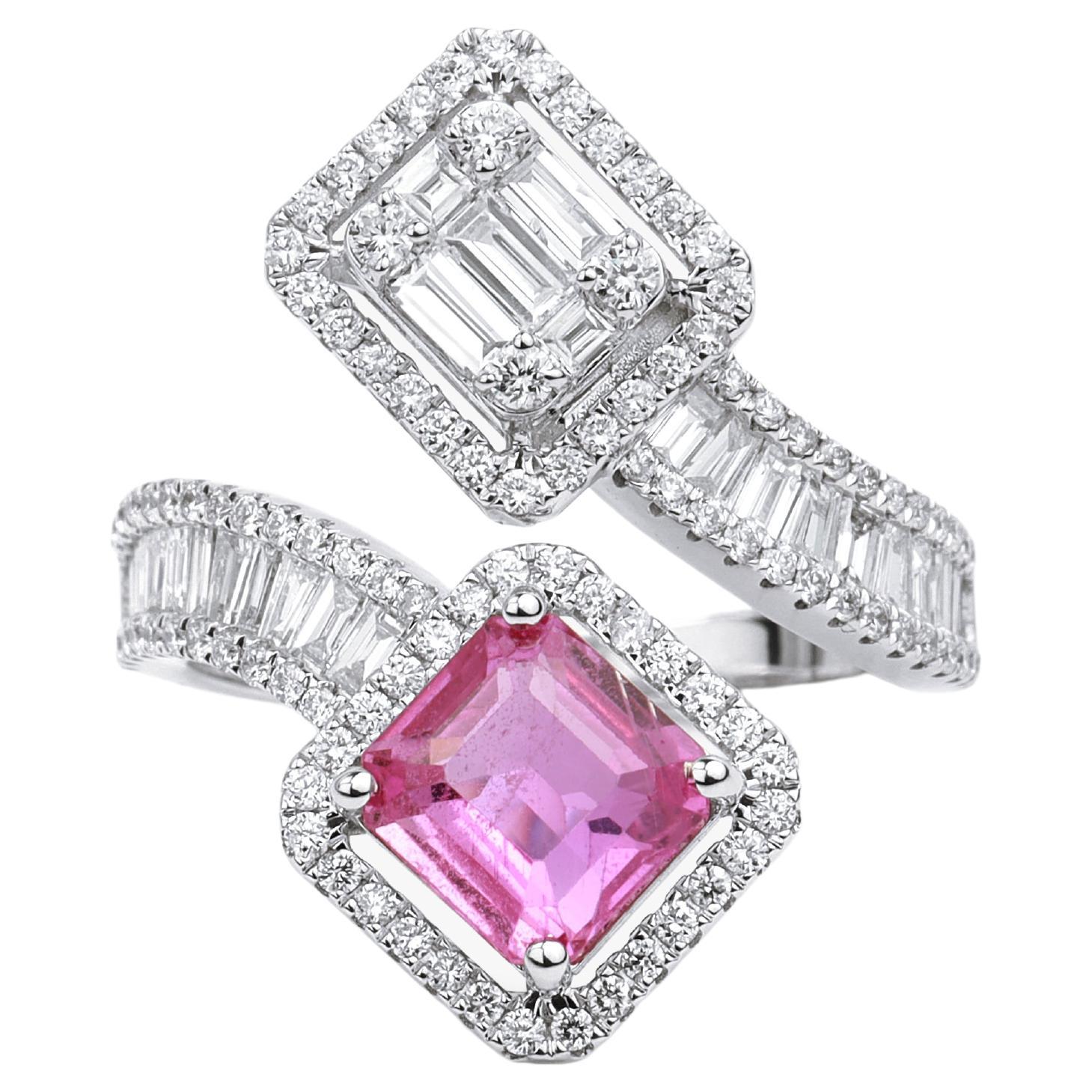 Bague de fiançailles de cocktail avec saphir rose taille émeraude de 2 carats et diamants taille baguette