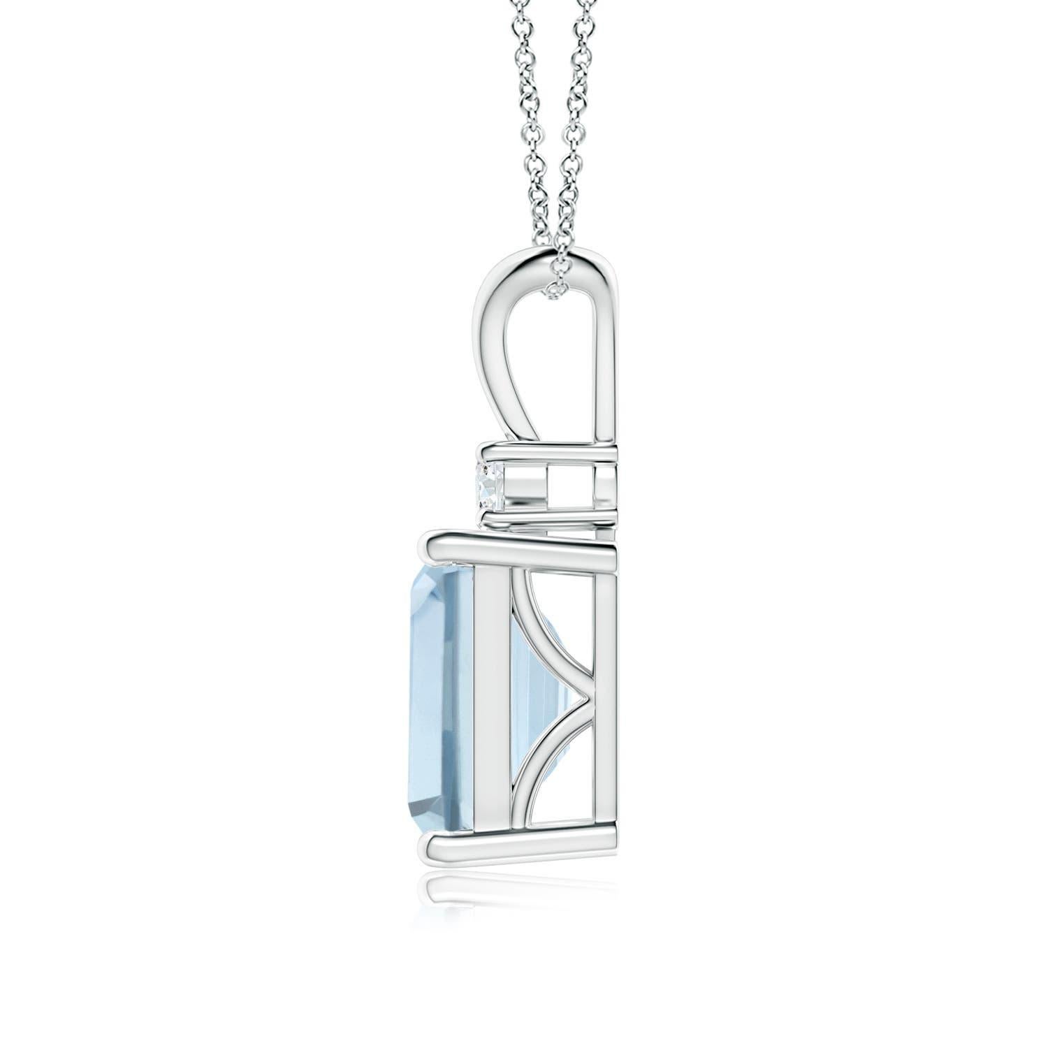 A bold emerald-cut aquamarine framed in a prong setting evokes the beauty of the sky. The diamond accent shines brilliantly along with the azure blue gemstone. A V-bale pendant crafted in 14k white gold to make a sophisticated style statement.
