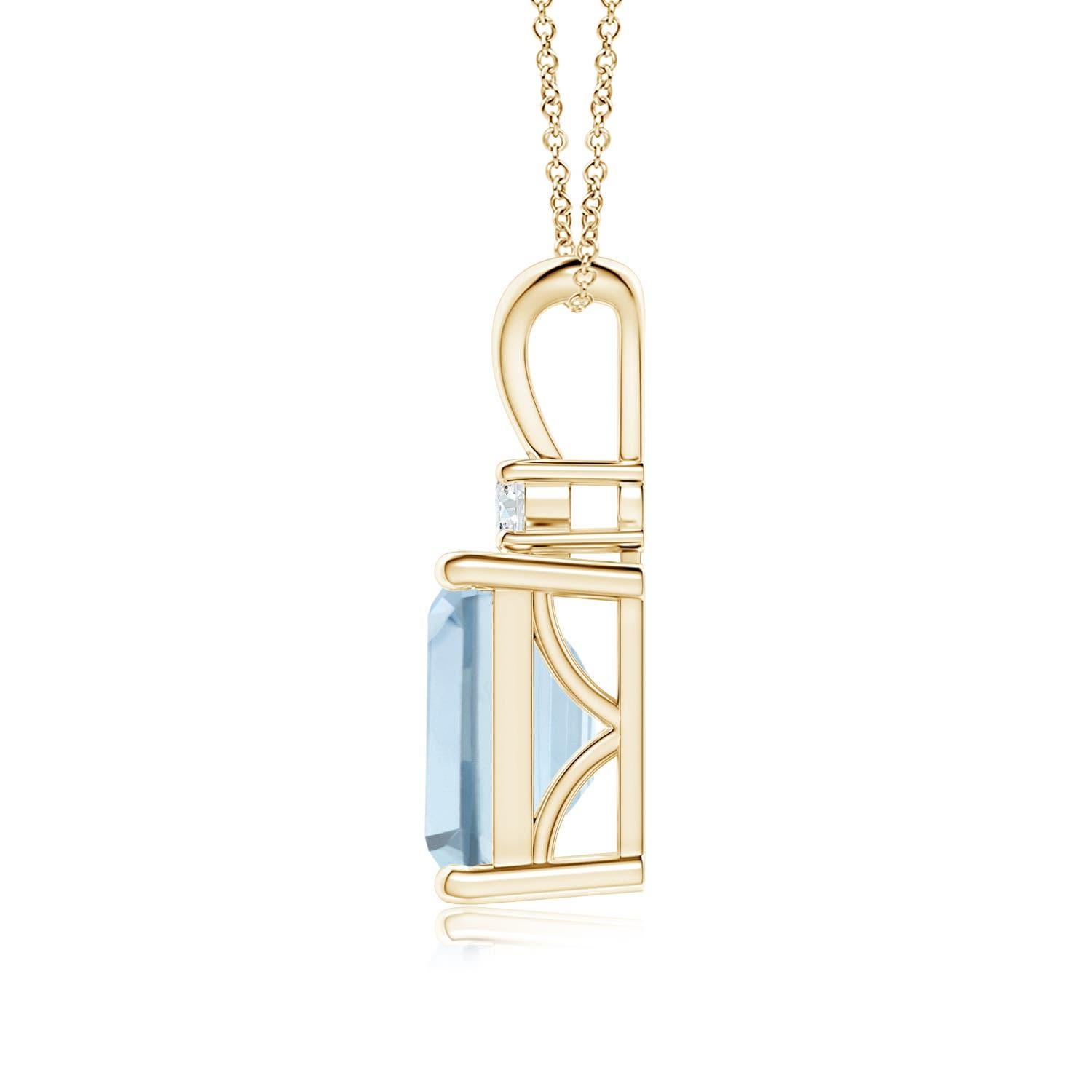 A bold emerald-cut aquamarine framed in a prong setting evokes the beauty of the sky. The diamond accent shines brilliantly along with the azure blue gemstone. A V-bale pendant crafted in 14k yellow gold to make a sophisticated style statement.