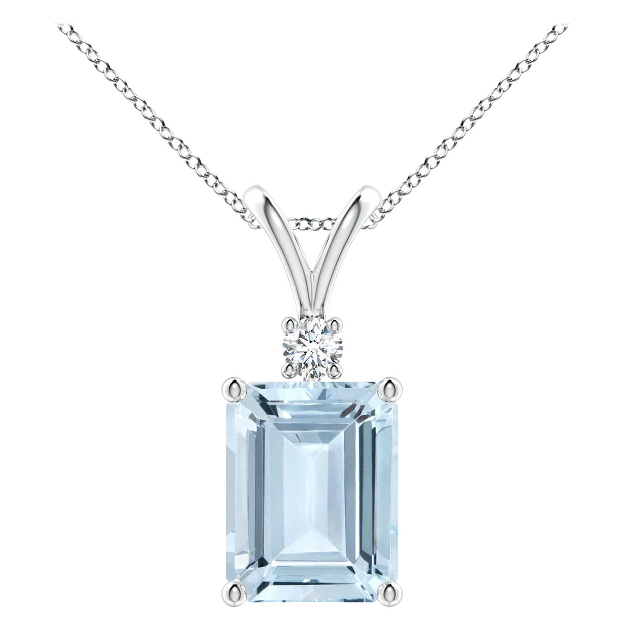 Pendentif solitaire en or blanc 18 carats avec aigue-marine taillée en émeraude de 2 ct et diamant