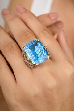 Emerald Cut 23.45 Ct Exclusive Blue Topaz Diamond 18k Yellow Gold Cocktail Ring
