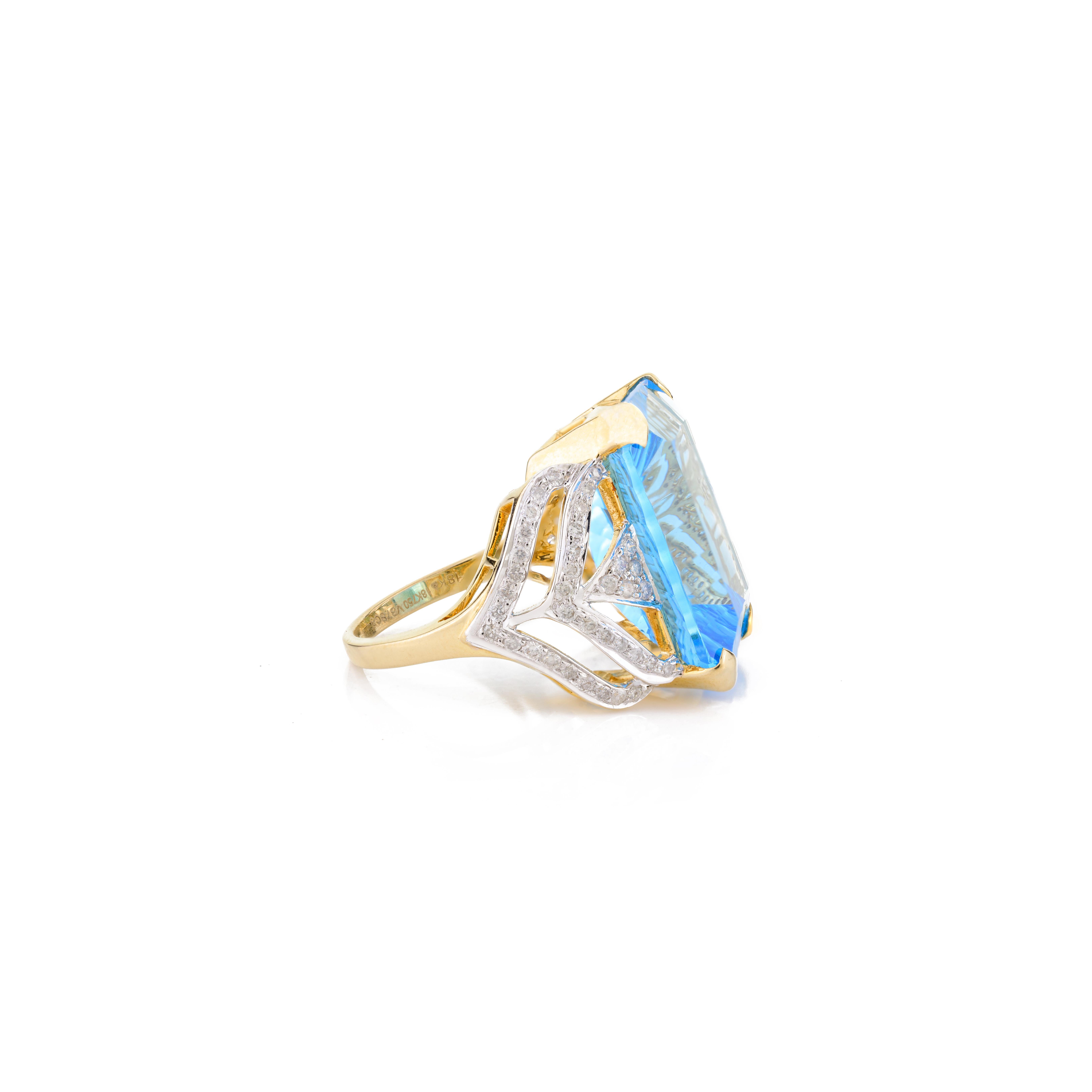 En vente :  Bague cocktail en or jaune 18 carats exclusive avec topaze bleue taille émeraude 23,45 carats 3