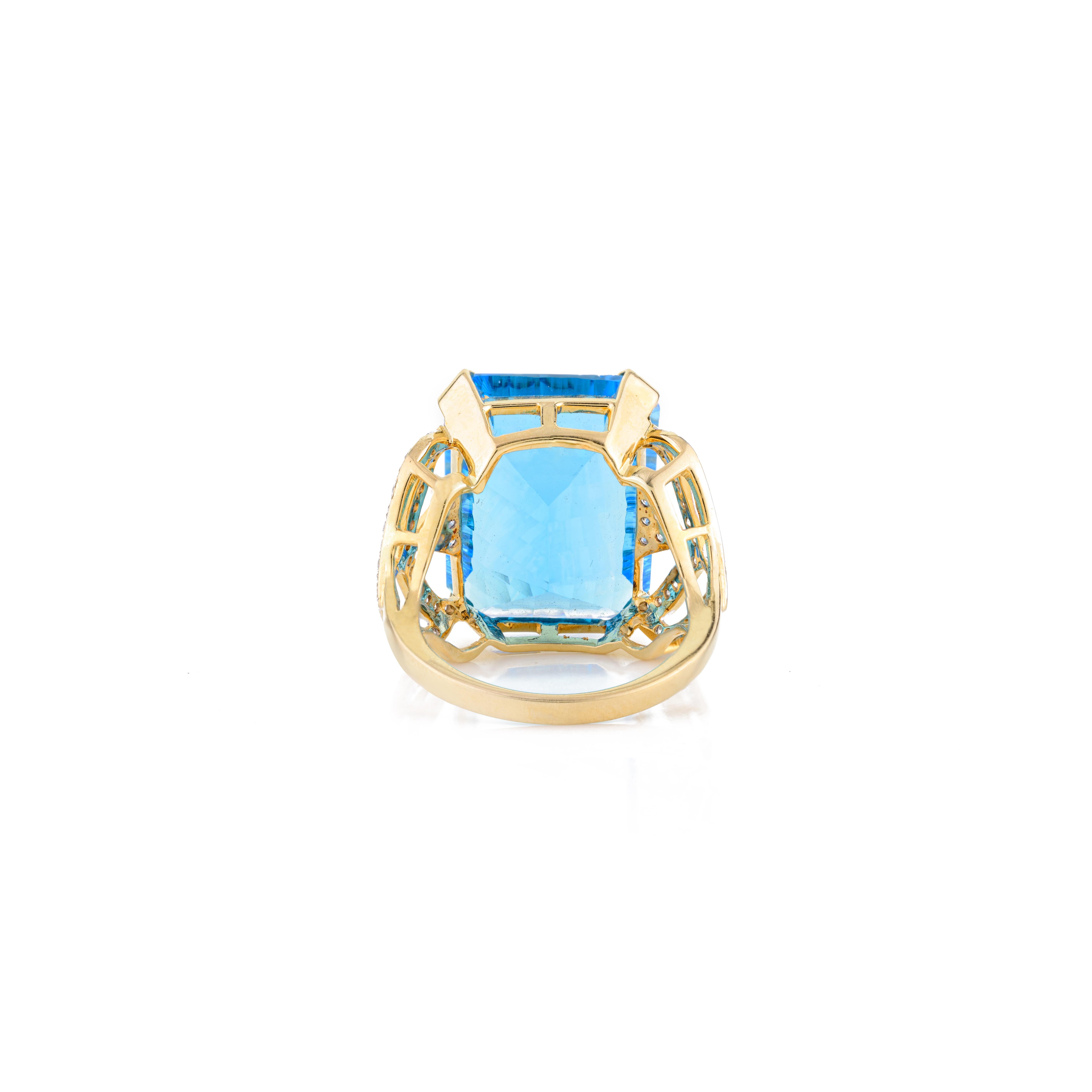 En vente :  Bague cocktail en or jaune 18 carats exclusive avec topaze bleue taille émeraude 23,45 carats 5