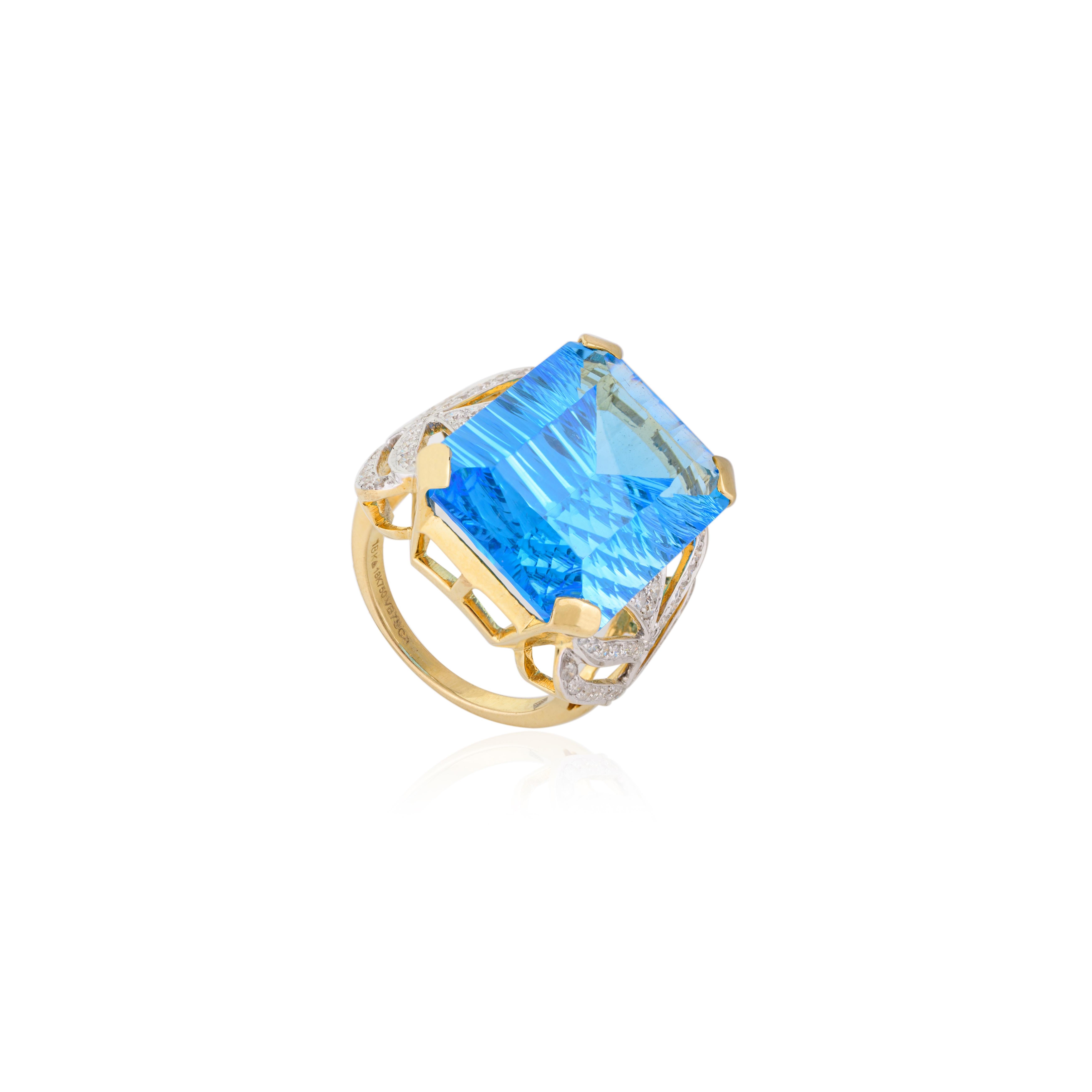 En vente :  Bague cocktail en or jaune 18 carats exclusive avec topaze bleue taille émeraude 23,45 carats 8