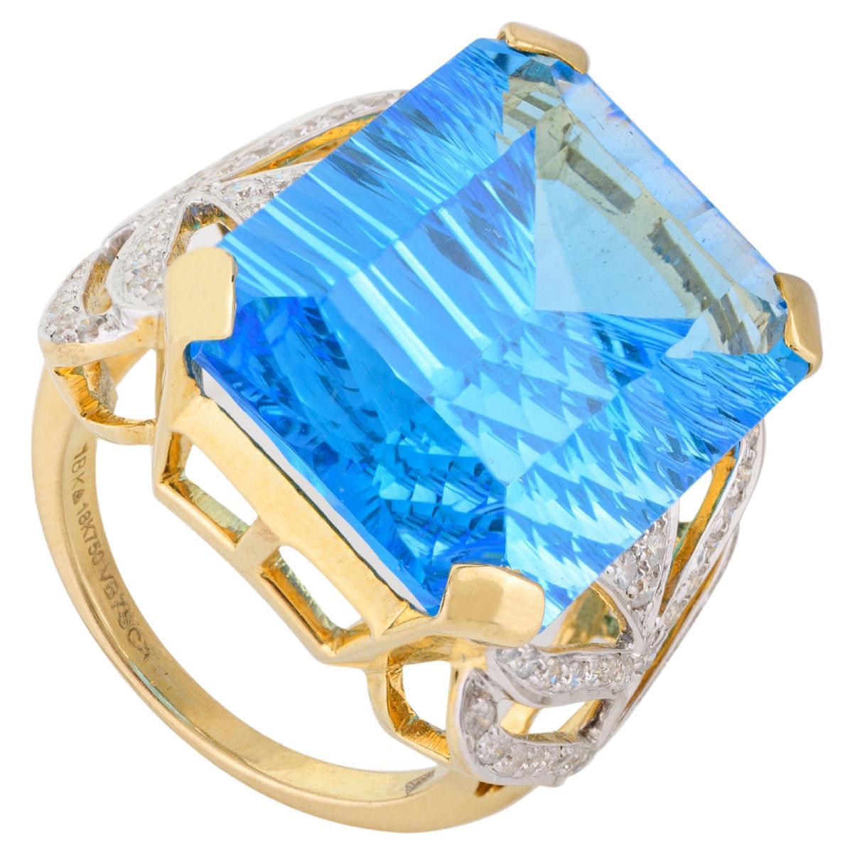 Emerald Cut 23.45 Ct Exclusive Blue Topaz Diamond 18k Yellow Gold Cocktail Ring