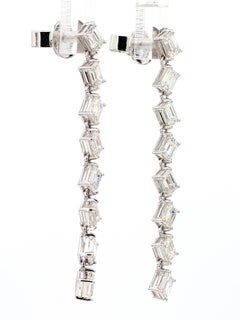 Emerald Cut 2.99 Carats White Earring Dangling 18K White Gold *Natural Diamonds*