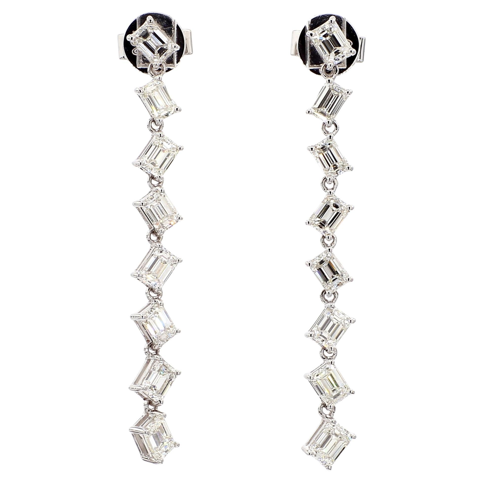 Emerald Cut 2.99 Carats White Earring Dangling 18K White Gold *Natural Diamonds*