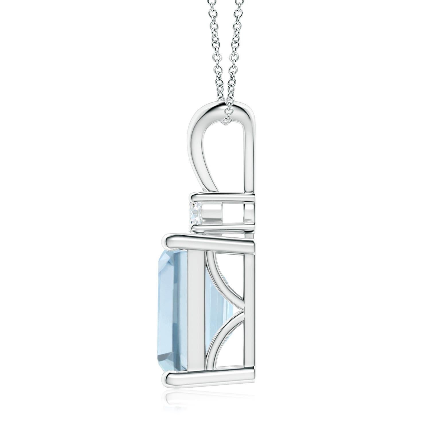 A bold emerald-cut aquamarine framed in a prong setting evokes the beauty of the sky. The diamond accent shines brilliantly along with the azure blue gemstone. A V-bale pendant crafted in 18k white gold to make a sophisticated style statement.