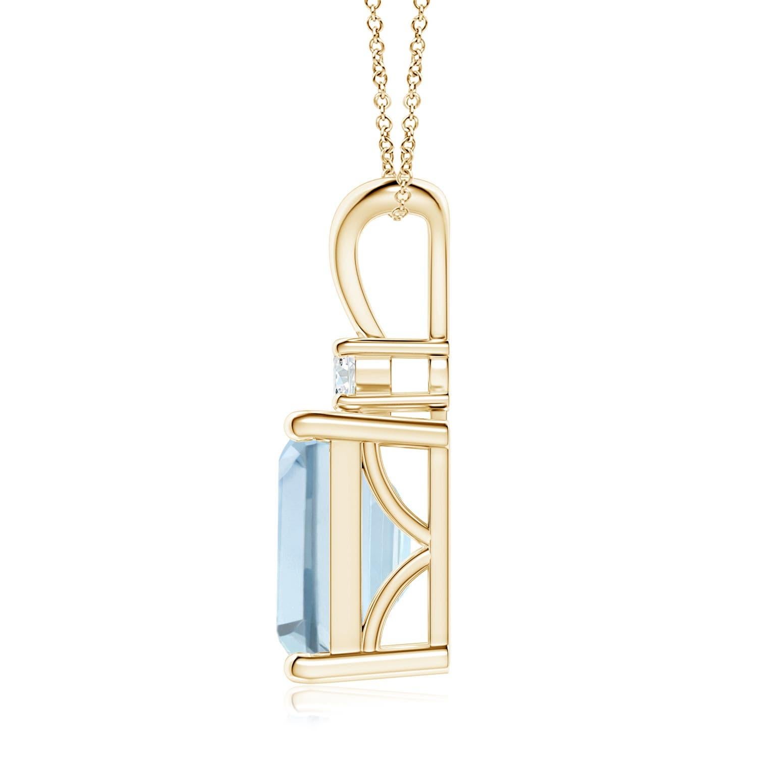 A bold emerald-cut aquamarine framed in a prong setting evokes the beauty of the sky. The diamond accent shines brilliantly along with the azure blue gemstone. A V-bale pendant crafted in 18k yellow gold to make a sophisticated style statement.